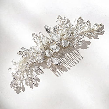 SWEETV Handmade Wedding Hair Comb Clip Rhinestone Bridal Hair Comb Piece, Hair Accessories for Brides Wedding, Silver - color: 2.Silver