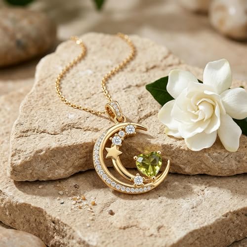 Midari 18K Gold Moon Star Necklace Moon Star Pendant Necklace with 12 Months Birthstones Moons Jewelry Gifts for Women Mom Her - color: 08-August