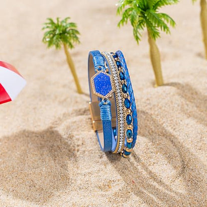FANCY SHINY Crystal Beaded Leather Wrap Bracelet Stackable Boho Jewelry for Women Resin Stone Bangle Cuff with Magnetic Clasp - color: Blue