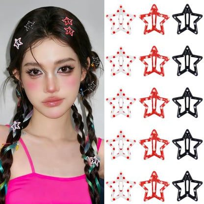 Star Hair Clips Snap Hair Barrettes Non Slip Star Hair Accessories Black Red White Metal Hair Clips for Girls Women -15 PCS 1.18" - color: 15 P -1.18"-Black,Red,White