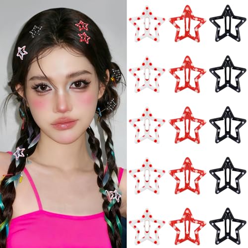 Star Hair Clips Snap Hair Barrettes Non Slip Star Hair Accessories Black Red White Metal Hair Clips for Girls Women -15 PCS 1.18" - color: 15 P -1.18"-Black,Red,White