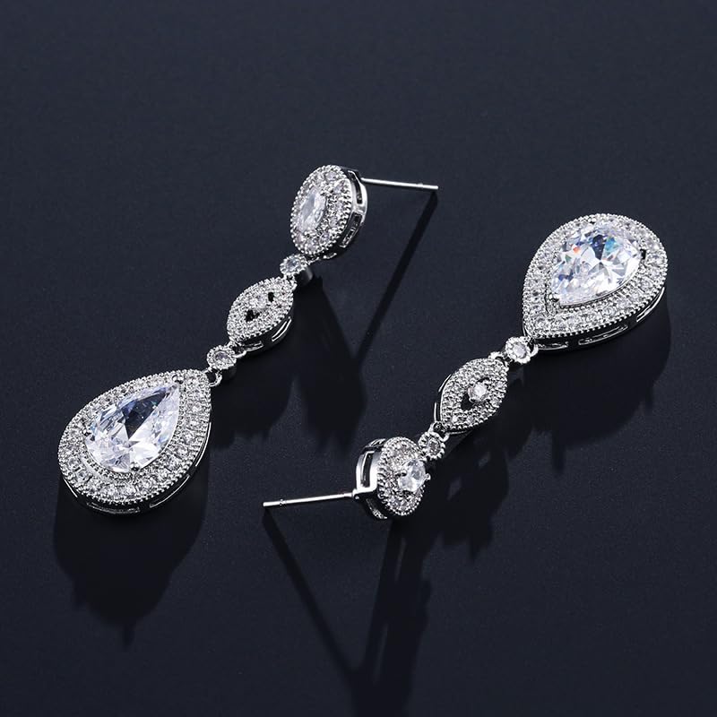 Crystal Teardrop Dangle Earrings Women, Silver Cubic Zirconia Drop Earrings for Bridal, Wedding, Bridesmaids,Prom, Pageant