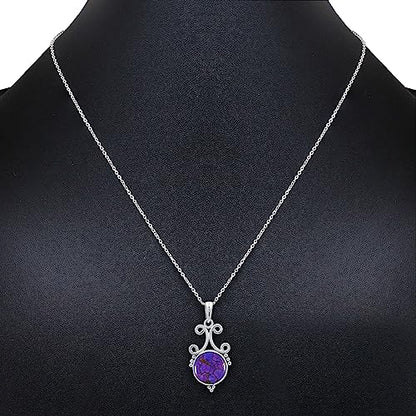 Natural Round Gemstone Pendant Necklace for Women, 925 Sterling Silver | Solitaire Birthstone Jewelry With 18 Inch Chain, Handmade Semi Precious Stone Pendant, Jewelry Gift for Mom, Wife & Sister - color: Purple Copper Turquoise