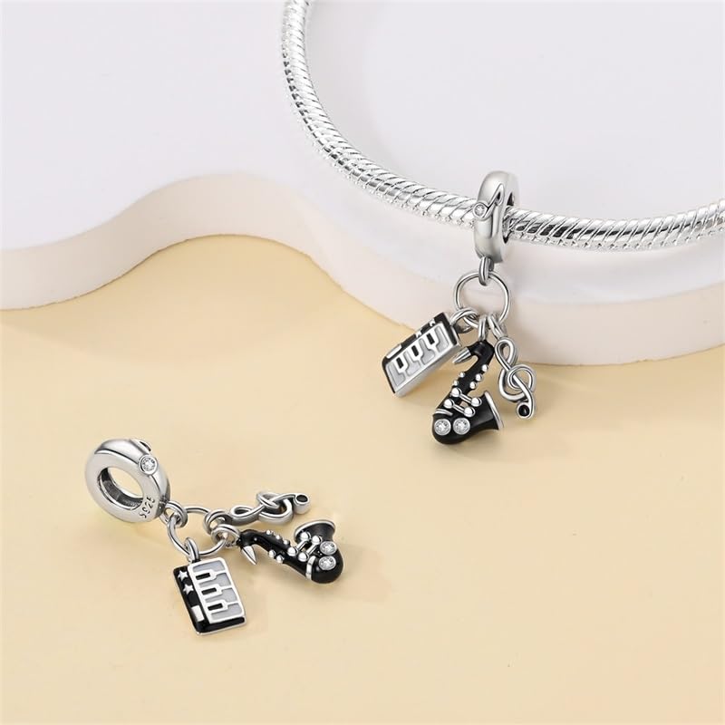 HappyStar 925 Sterling Silver Animal Dogs Charms Pendants fit Pandora Bracelets Necklaces Flowers Sports Travel Charms for Bracelets Women Jrwelry Gifts(with one Spacer Bead Charms) - style: 8-Saxophone Guitar Charm