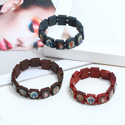 2/4 Pcs Wooden Jesus Virgin Mary Bracelet Saints Rosary Stretch Adjustable Wooden Small Panel Bracelet Religious Saints Jesus Gift for Women Men - color: 4 pcs