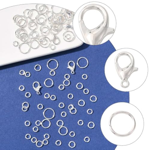 Jewelry Making Findings Kit with Jump Rings and Lobster Clasps, Silvery | Complete Silvery Jewelry Findings Kit with 5 Size Open Jump Rings, Lobster Clasps and Box for DIY Crafts, Repair, Beading - color: Silver