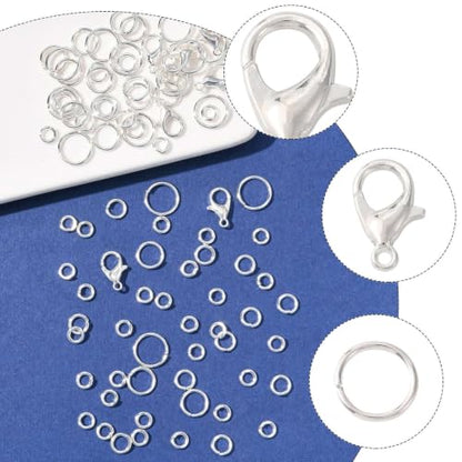 Jewelry Making Findings Kit with Jump Rings and Lobster Clasps, Silvery | Complete Silvery Jewelry Findings Kit with 5 Size Open Jump Rings, Lobster Clasps and Box for DIY Crafts, Repair, Beading - color: Silver