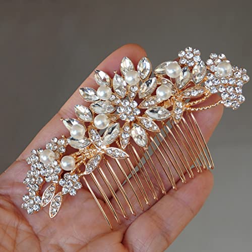 Hapibuy Crystal Wedding Hair Comb Bridal Hair Comb with Pearl Wedding Headpiece for party wear Golden Hair Accessory - color: Gold