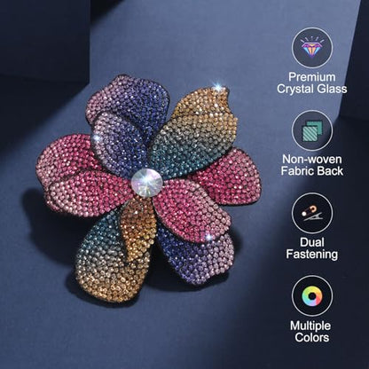 3.74 Inches Rhinestone Camellia Flower Brooch Pins & Hair Clips for Women Elegant Created Crystal Lapel Pin Brooches Wedding Party - color: Colorful