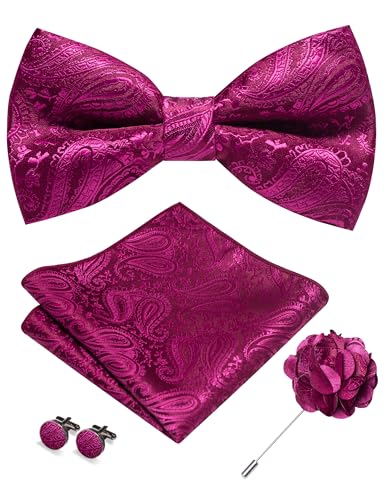 JEMYGINS Mens Paisley Bow Tie and Lapel Pin Necktie Pocket Square and Tie Clip with Sets for Business Casual 4PCS - color: Hot Pink