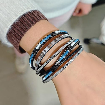 ZMANYIJEW Leather Wrap Bracelets for Women,Boho Cuff Bracelets Multi-Layer Crystal Beads Cuff Bracelet Multilayered Leopard Leather Braided Bangle Wrist Cuff Bangles - style: black