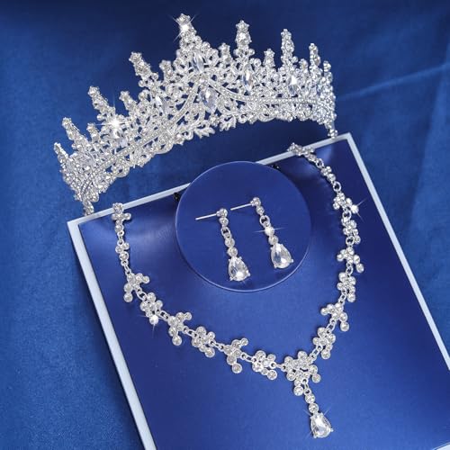 Crystal Crown and Tiara Jewelry Set for Women Bride with Necklace Earrings | Metal Rhinestone Royal Queen Princess Jewelry Set Wedding Quinceanera Pageant Prom Birthday Halloween Party Costume Gift - color: Style E-Silver