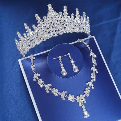 Crystal Crown and Tiara Jewelry Set for Women Bride with Necklace Earrings | Metal Rhinestone Royal Queen Princess Jewelry Set Wedding Quinceanera Pageant Prom Birthday Halloween Party Costume Gift - color: Style E-Silver
