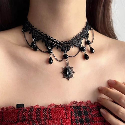 Wide Black Lace Choker Necklace Gothic Lace Pearl Tassel Necklace Short Hollow Flower Tattoo Necklaces Waterdrop Rhinestone Necklaces Halloween Wedding Party Jewelry - style: Style2