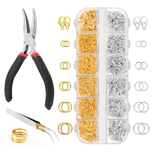 1200 Pcs Jump Rings for Jewelry Making Supplies, Necklace Repair Kit with Plier, Tweezer, Lobster Claw Clasps, Open Rings for Crafts & Keychains (1200Pcs Silver and Gold) - color: 1200Pcs Silver and Gold