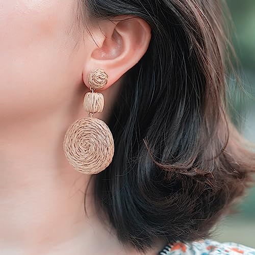 Statement Raffia Boho Round Dangle Ball Earrings - Cute Handmade Summer Bohemian Dangling Jewelry for Women - color: Wheat