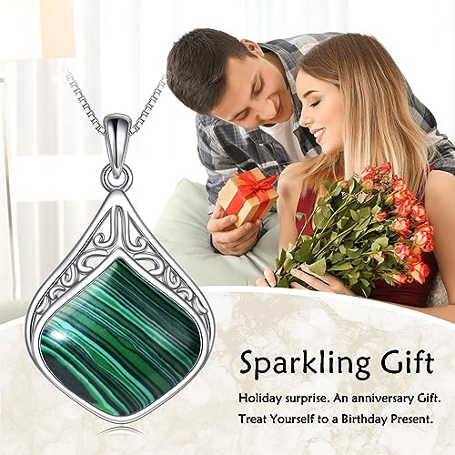 YAFEINI Teardrop Necklace Sterling Silver Filigree Irish Pendant Necklace Natural Stone Moonstone/Lapis Lazuli/Larimar/Moss Agate Necklace Jewelry - color: Malachite teardrop necklace