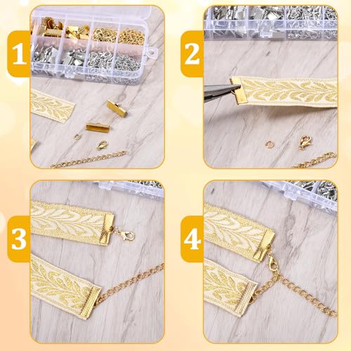 373 Pcs Ribbon Bracelet Kit for Jewelry Making, Ribbon End Crimps, Ribbons Ends Crimps Open Jump Rings Lobster Clasps and Chain Extenders, Bookmark Pinch, Choker Necklace