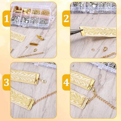 373 Pcs Ribbon Bracelet Kit for Jewelry Making, Ribbon End Crimps, Ribbons Ends Crimps Open Jump Rings Lobster Clasps and Chain Extenders, Bookmark Pinch, Choker Necklace