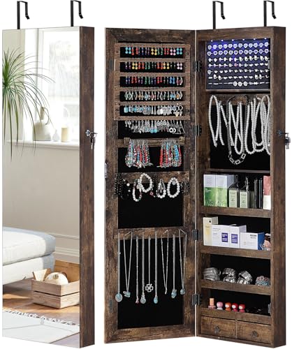 GISSAR Full Length Mirror Jewelry Cabinet, 6 LEDs Jewelry Armoire Wall Mounted Over The Door Hanging, Jewelry Organizer Storage with Lights Lockable, Vintage Brown, 14.6" x 47.2" - color: Vintage Brown