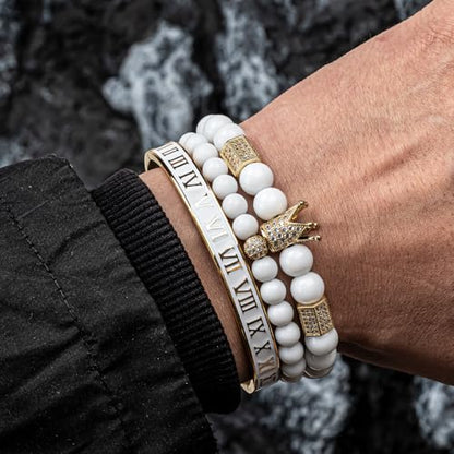 3pcs/set Classical Handmade Braiding Bracelet Hip Hop Men Pave CZ Leopard Head Roman Numeral Bracelet Stainless Steel Jewelry - color: 3pcs D Golden white