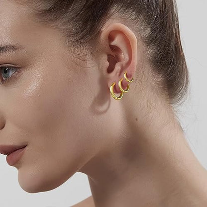 Silver Gold Hoop Earrings for Women Men, 316L Surgical Stainless Steel Huggie Hoop Earrings Set Hypoallergenic Small Cartilage Earrings Lightweight Hoop Earrings Huggie Set - color: Gold--8/10/12mm