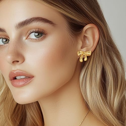 Jean Beau Chunky Gold Stud Earrings for Women Trendy Gold Plated Dangle Drop Prom Birthday Fashion Office Jewelry Gift - color: Gold Bow