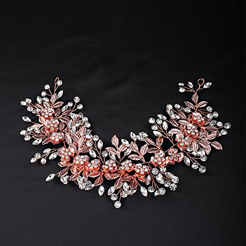 Bridal Flower Vine Leaf Hair Band with Rhinestones - Elegant Headpiece for Bride, Bridesmaid, Flower Girl, Prom, and Special Occasions (Rose Gold) - color: Rose Gold