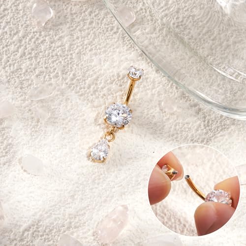 G23 Titanium Belly Button Rings Dangle CZ Belly Rings Curved Navel Rings Teardrop Internally Threaded Cute Belly Piercing 8mm-16mm - color: Style A| Gold, size: 10MM