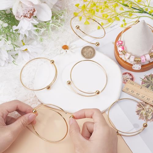 Beebeecraft 6Pcs 2.4 Inch Stainless Steel Adjustable Bangle Bracelet with Removable Ball Bead Real 18K Gold Plated Expandable Blank Bangle Bracelets Blank Cuff Wire Bracelets for Jewelry Making - color: Gold, size: 6cm