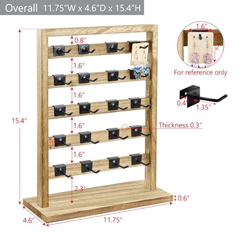 Ikee Design Wooden Jewelry Earring Display Rack, 20 Removable Metal Hooks | Wooden 5 Tiers Jewelry Display Rack with Hooks: Comes with 20 removable metal hooks for earrings, earring cards, bracelets. - color: 4) Oak