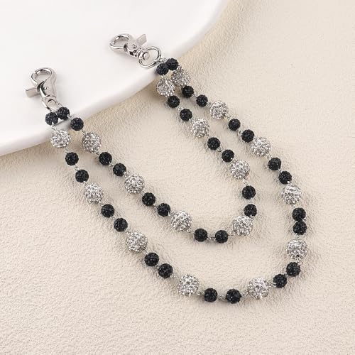 Ceramic Beads Wallet Pants Waist Chain Shiny Hip Hop Disco Ball Rhinestone Beads Purse Hipster Jeans Pocket Chains for Men Women Punk Accessories - color: Black