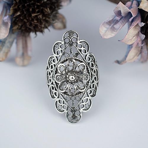 Filigranist 925 Sterling Silver Artisan Made Handcrafted Lace Embroidery Filigree Art Women Cocktail Statement Ring - style: Daisy
