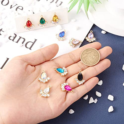 Cheriswelry 24Pcs Faceted Glass Teardrop Alloy Pendants Rhinestone Crystal Water Drop Dangle Charms 12 Colors 20x16x5mm for Necklace Bracelet Earring Jewelry Making - color: Mixed Color*17