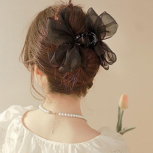 Black Mesh Tulle Bowknot Hair Claw Clips - Large Chiffon Clips for Women's Thick Hair, Elegant Hair Accessories - color: black