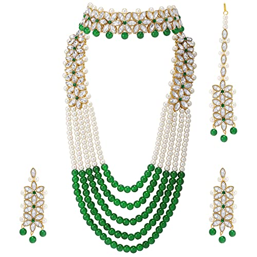 Aheli Wedding Party Wear Bridal Jewellery Choker Long Pearl Necklace Earrings Maang Tikka Indian Traditional Set Gift for Women - color: Green-1