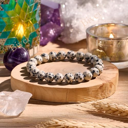 Bivei 8mm Beaded Bracelets for Women Handmade Semi Precious Natural Stone Stretch Elastic Jewelry Yoga Protection Gifts - color: Dalmatian Jasper- Grounding & Joy, size: Medium 6.8-7.3 inch