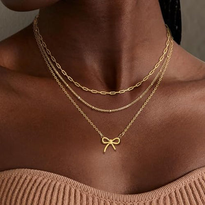 Layered Bow Necklace for Women, 18K Gold Plated Dainty Necklaces Set Stackable Pendant Trendy Cute Choker Jewelry Gift for Her