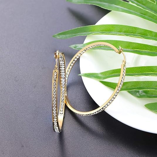 Stainless Steel Inside Out 40mm Hoop Earrings for Women – Sparkling CZ Crystal Hoops, Hypoallergenic, Lightweight, Modern Everyday Earrings – Silver, 18K Gold Plated, & Black Options - color: 18K Gold Plated
