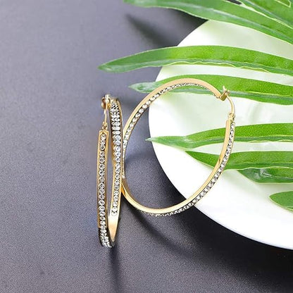 Stainless Steel Inside Out 40mm Hoop Earrings for Women – Sparkling CZ Crystal Hoops, Hypoallergenic, Lightweight, Modern Everyday Earrings – Silver, 18K Gold Plated, & Black Options - color: 18K Gold Plated
