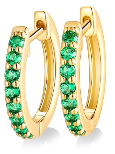 Chunky Emerald Sapphire Ruby Hoop Earrings, Princess or Round Cut, 14k Yellow Gold Plated Sterling Silver Cubic Zirconia Huggie Earings Minimalist Hoops Earrings for Women Wedding Daily Birthday - style: Round cut -Emerald -Gold