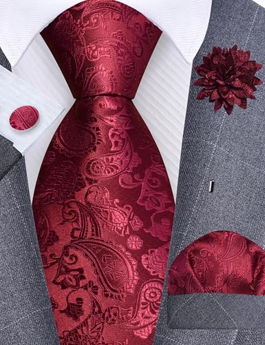 GUSLESON 3.15"（8cm） Mens Paisley Tie and Lapel Pin Necktie Hankerchief Cufflinks Set for Men - color: Burgundy
