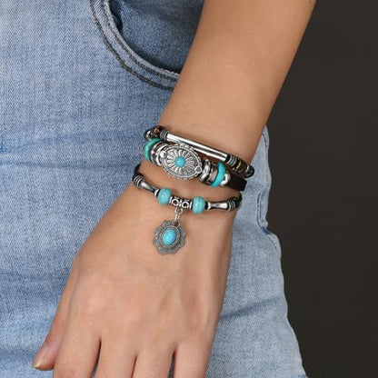INENIMARTJ Western Turquoise Leather Wrap Bracelets for Men Women Boho Multilayer Turquoise Cuff Wrap Bracelet Western Bracelet Jewelry for Men and Woman - color: 17coffee