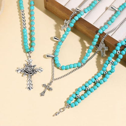 Bocar Gothic Cross Layered Pearl Necklace Chunky Statement Stacked Necklace Y2K Silver Layered Necklace for Women (NK-10769) - color: Tur
