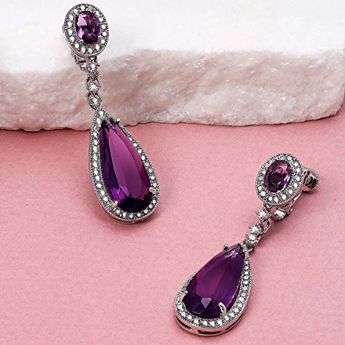 Long Cocktail CZ Halo Teardrop Chandelier Clip On Earrings Silver Plated - color: Purple