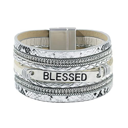 Vercret Leather Wrap Bracelet for Women, Multi-Layer Cuff Bangle | Boho Stacked Bracelets with Safe Clasp Western Bangle Jewelry Gift for Lady and Mom Sister Friend - style: Blessed