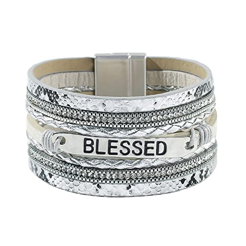 Vercret Leather Wrap Bracelet for Women, Multi-Layer Cuff Bangle | Boho Stacked Bracelets with Safe Clasp Western Bangle Jewelry Gift for Lady and Mom Sister Friend - style: Blessed