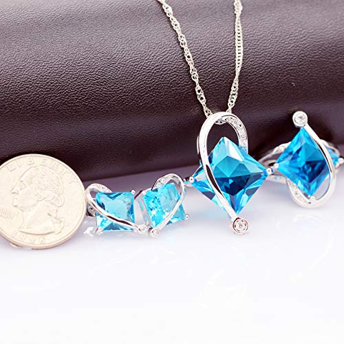 Uloveido Charm Created Topaz Big Square Crystal Necklace Matching Stud Earrings Rings Jewelry Set T295 - color: Blue