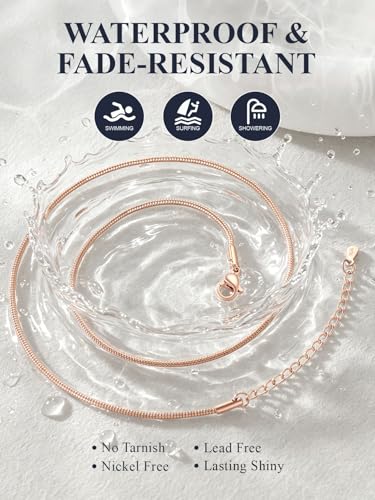 U7 Snake Necklace for Women 14K Gold Plated/Silver/Rose Gold/Black Chain Necklace Hypoallergenic, Stainless Steel Tiny Snake Chain Necklace 1/1.2/1.5/2MM, 14-30" Adjustable Minimalist Gift - color: j.Rose Gold-1.5mm