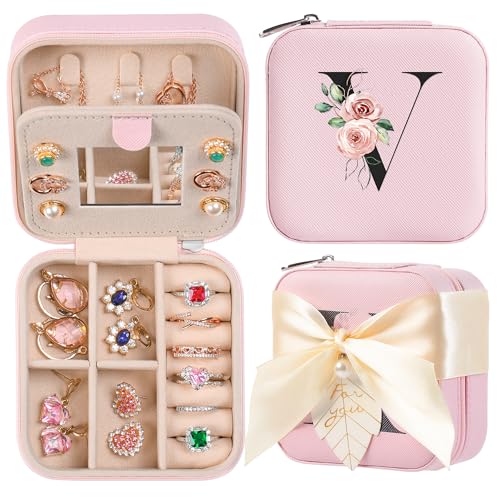 AYGXU Travel Jewelry Box for Women and Girls - Small Case With Initial A-Z - Teacher Gifts - color: pink, size: V